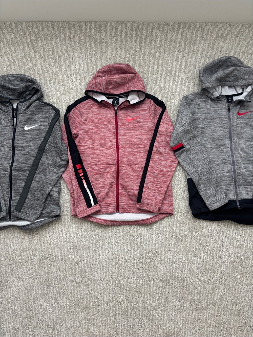 Set of 3 Nike Kids Full-Zip Hoodies XL - Red Heather and Grey with Black Trim